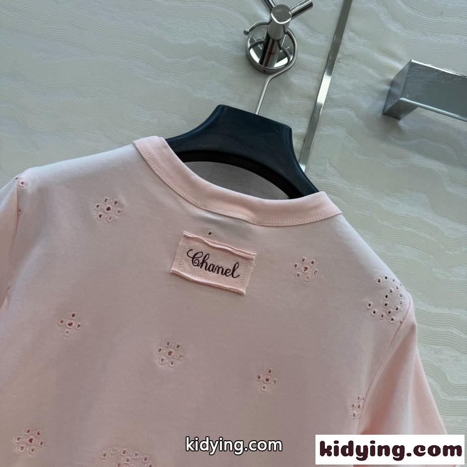 シンプル アイレット刺繍 コットンTシャツ シャネル Tシャツ コピー ピンク-4