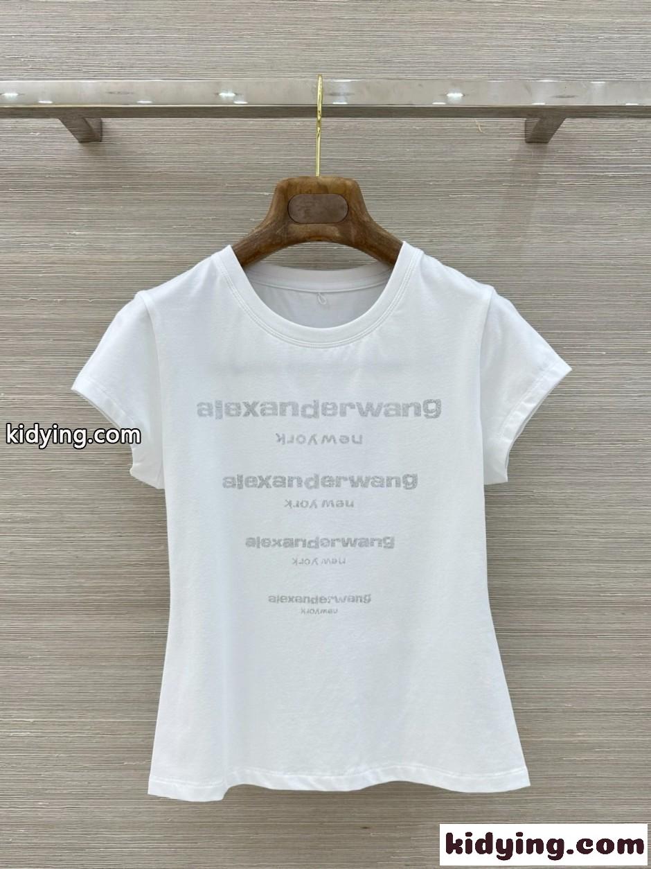アレキサンダーワング Tシャツ コピー ラインストーンロゴ 半袖Tシャツ ホワイト-0