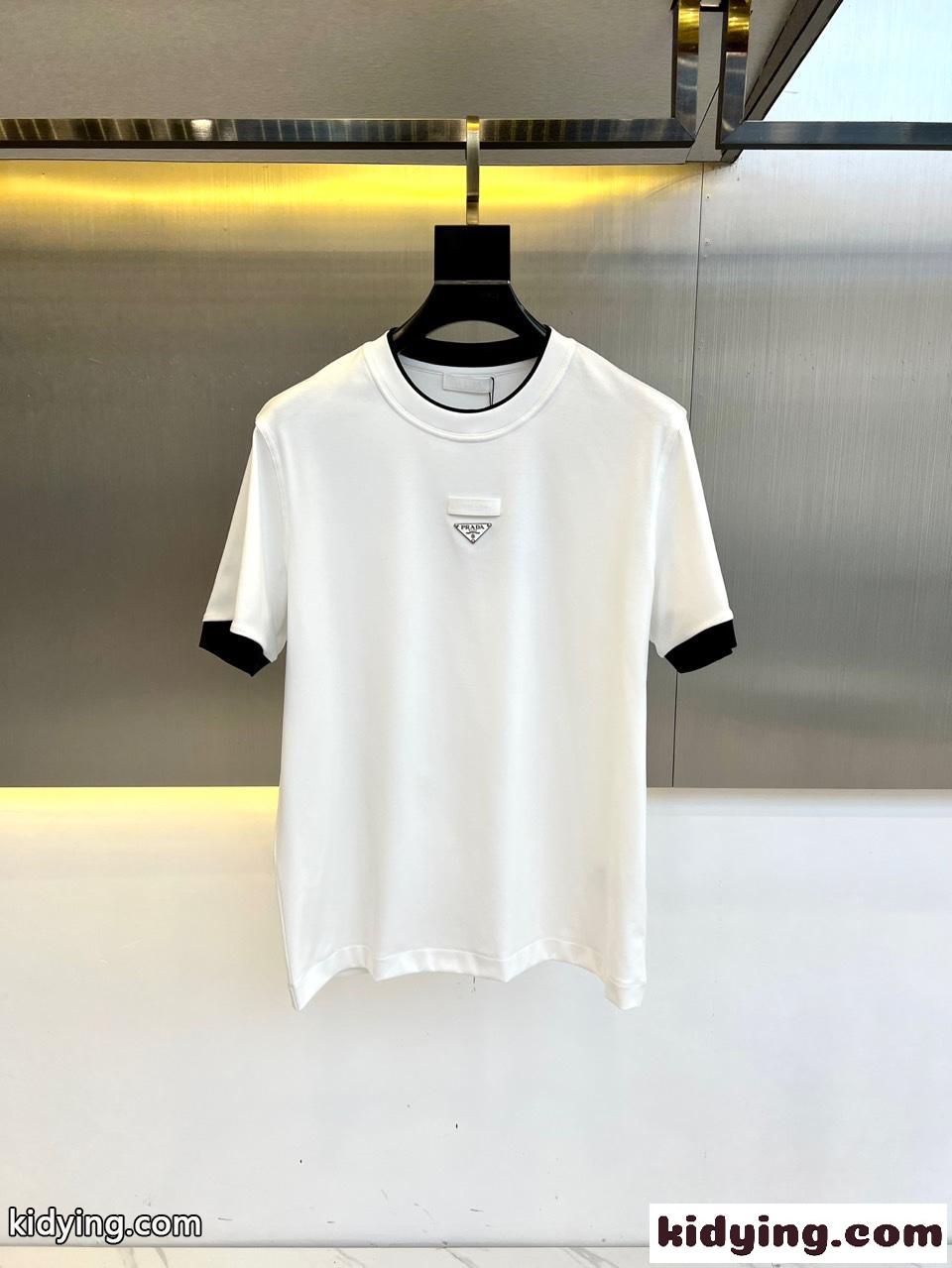 おしゃれ カジュアル コットン クルーネック 半袖Tシャツ プラダ Tシャツ コピー ホワイト-0