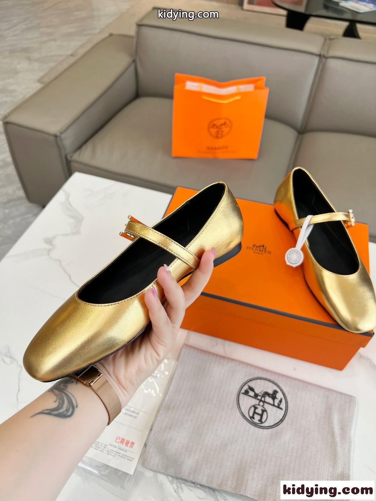 大人 かわいい ジェーン バレエシューズ エルメス パンプス コピー ゴールド-2
