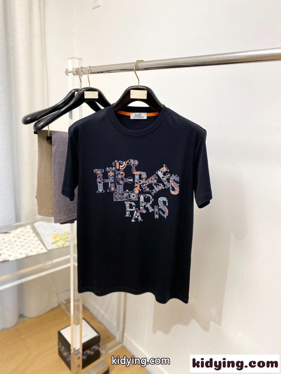 カジュアル お洒落 エルメス Tシャツ 偽物 ロゴ 半袖Tシャツ ブラック-0