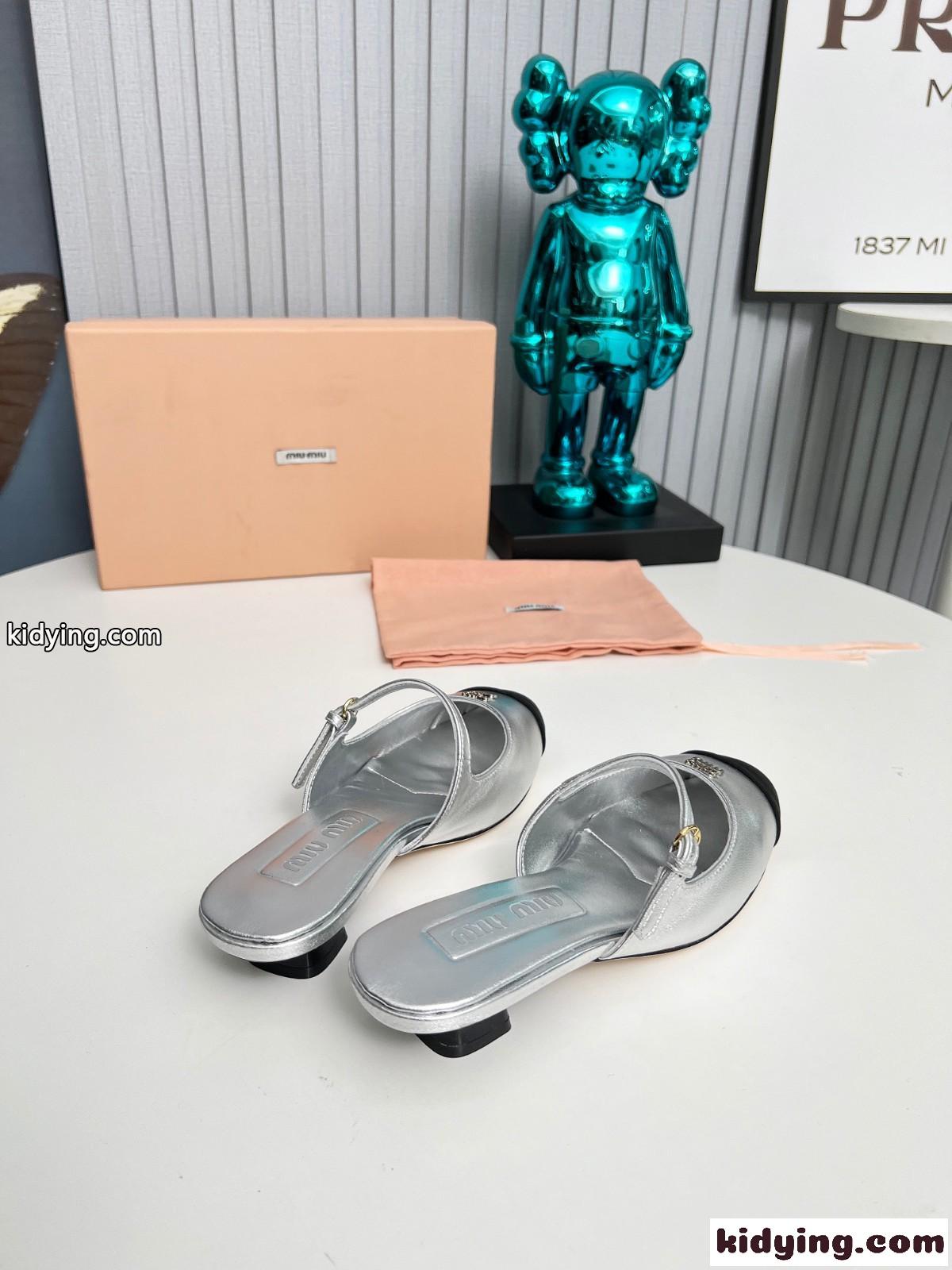 エレガント レザー&グログランミュール ミュウミュウ サンダル スーパーコピー シルバー-0