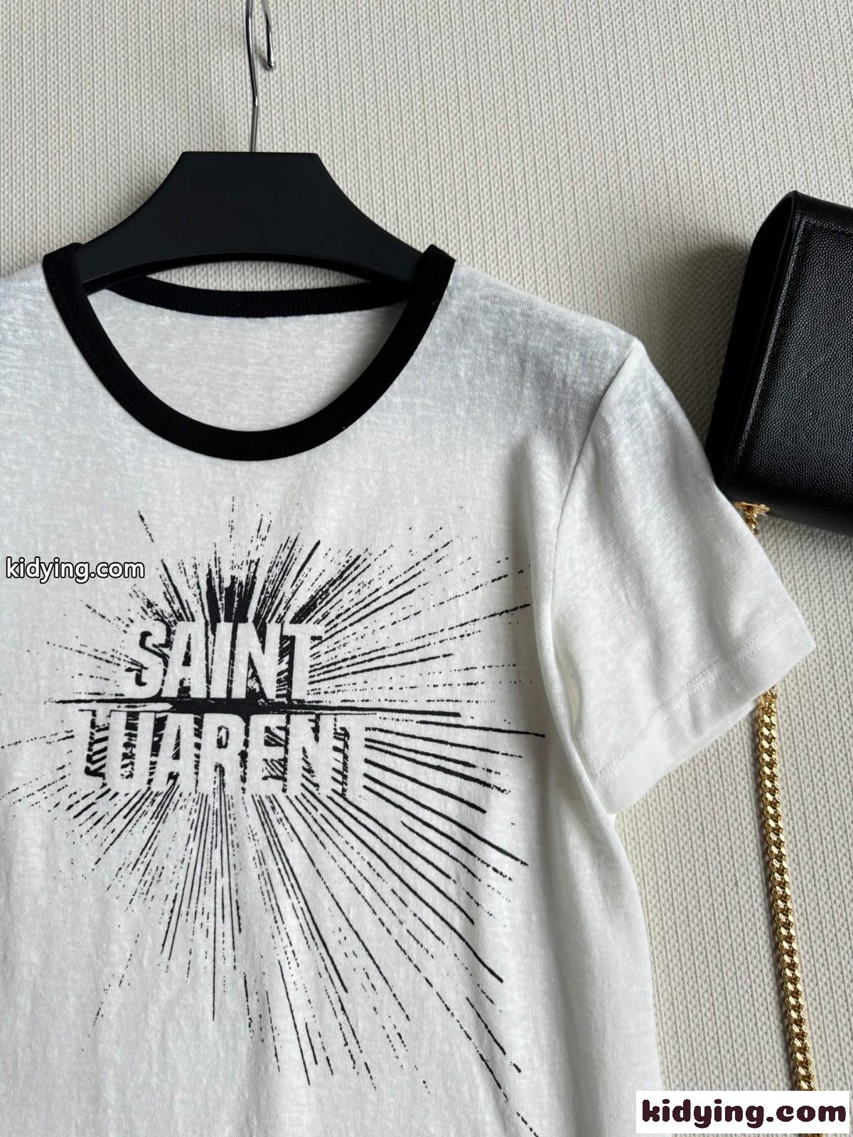 カジュアル 定番 配色 半袖Tシャツ イヴ・サンローラン Tシャツ コピー ホワイト-2