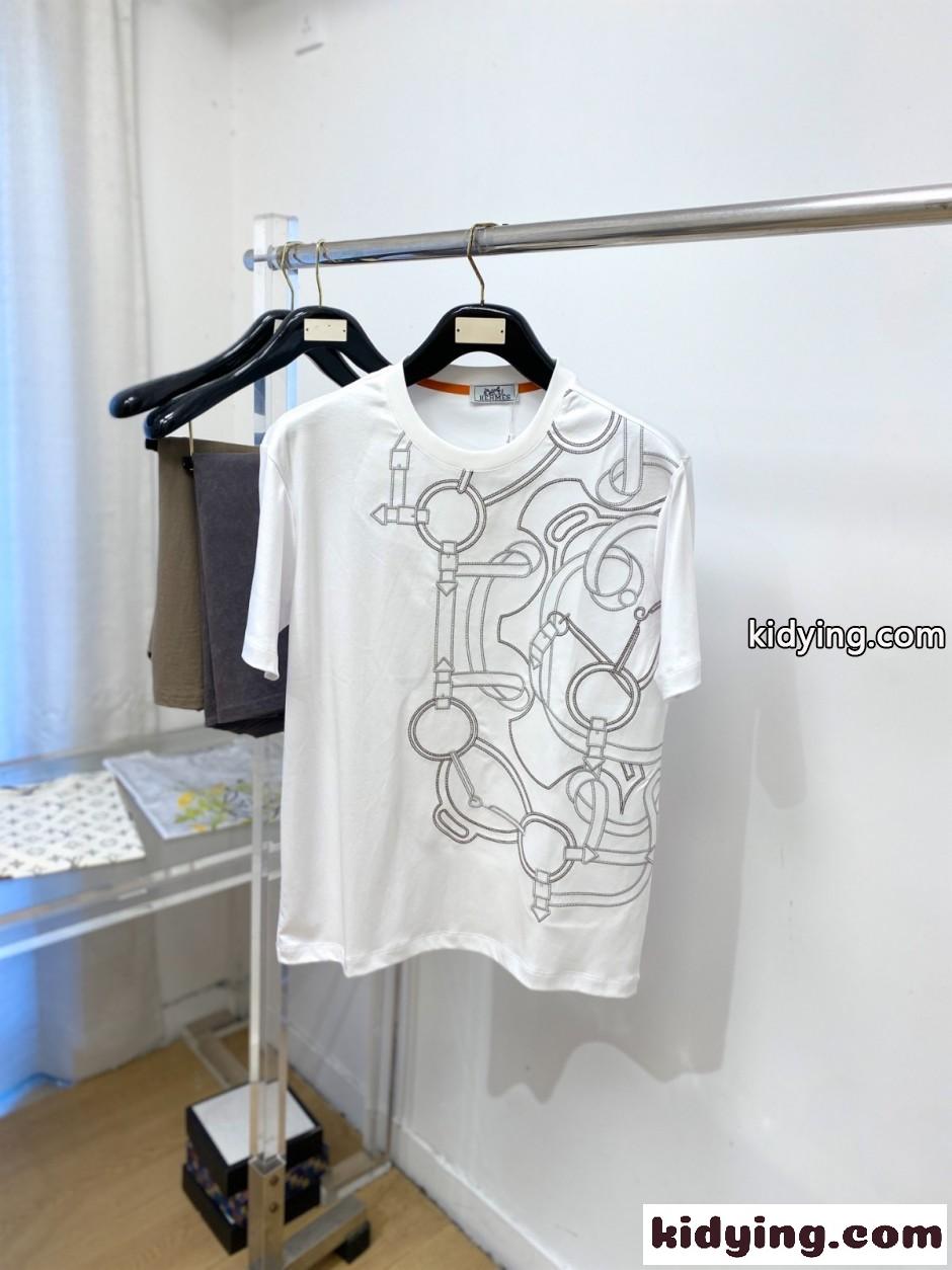 洗練された 馬具モチーフ クルーネック 半袖Tシャツ エルメス Tシャツ 偽物 ホワイト-0