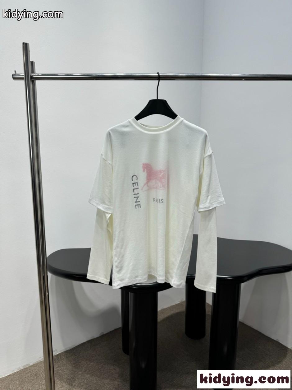 ロゴプリント フェイクレイヤード 長袖Tシャツ セリーヌ Tシャツ 偽物 ホワイト-0