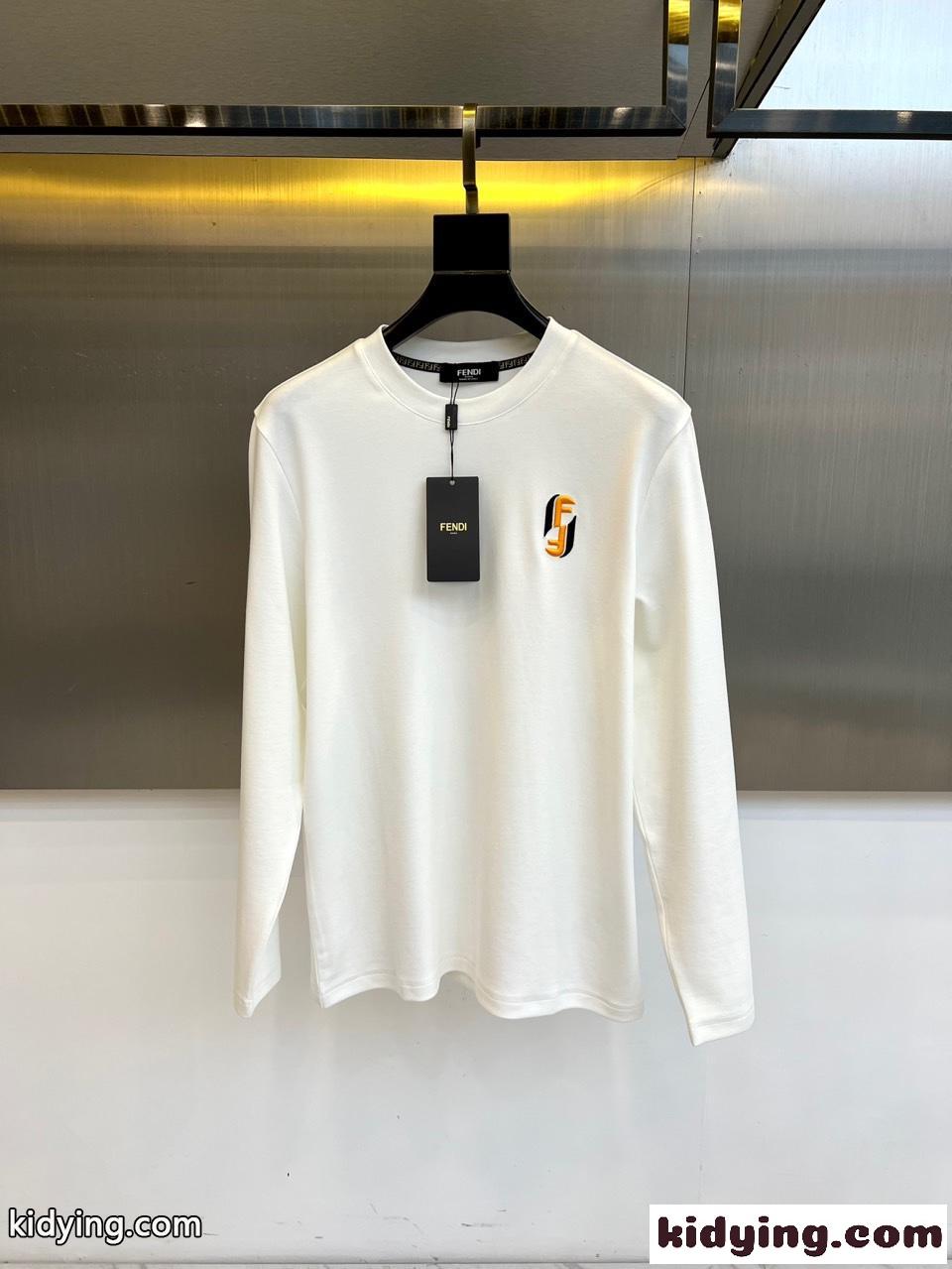 洗練された カジュアル ロゴ刺繍 長袖Tシャツ フェンディ Tシャツ 偽物 コットン ホワイト-0