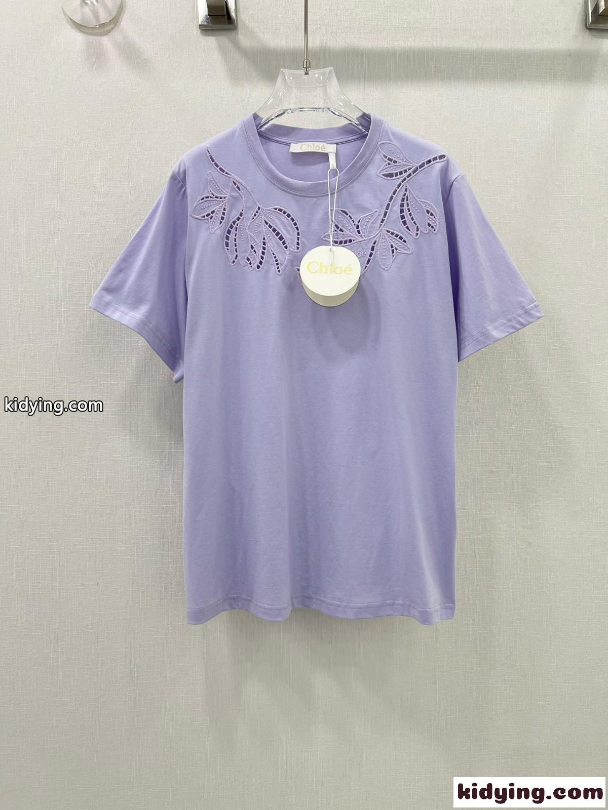 シンプル エレガント 刺繍入り 半袖Tシャツ クロエ Tシャツ コピー パープル-0