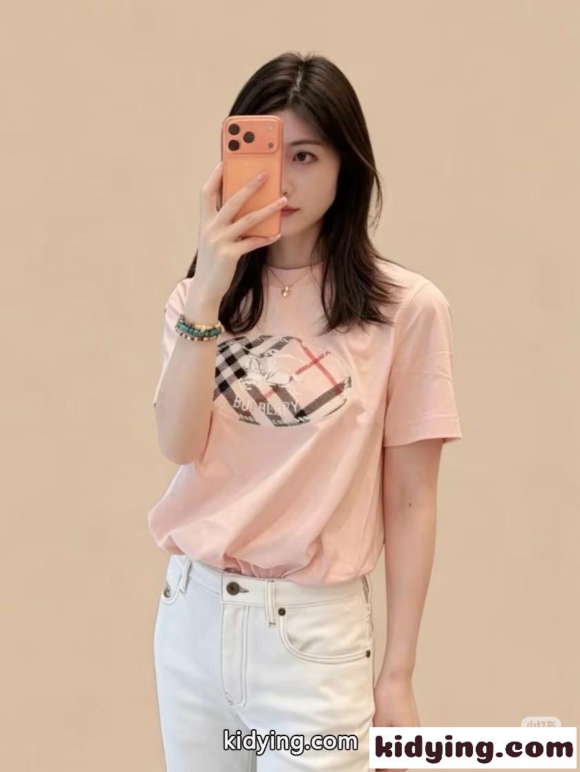 チェック ナイトスタンプ コットンTシャツ バーバリー Tシャツ コピー ピンク-4
