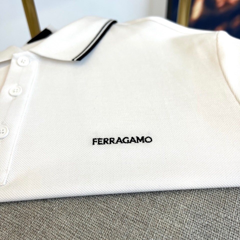シンプル ロゴ コットンピケ ポロシャツ サルヴァトーレ・フェラガモ 半袖Tシャツ コピー ホワイト-2