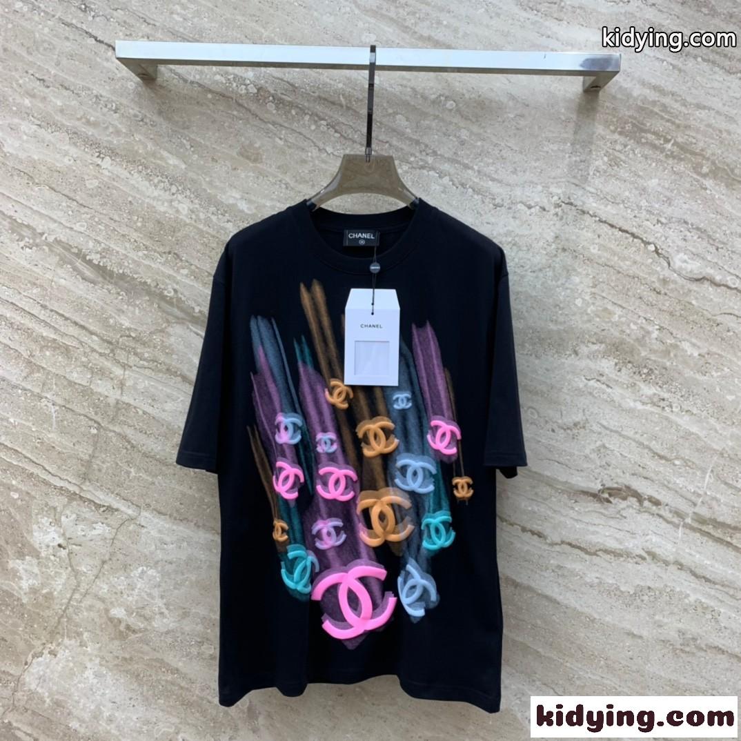 カジュアル 合わせやすい ロゴ シャネル Tシャツ 偽物 半袖Tシャツ ブラック-0