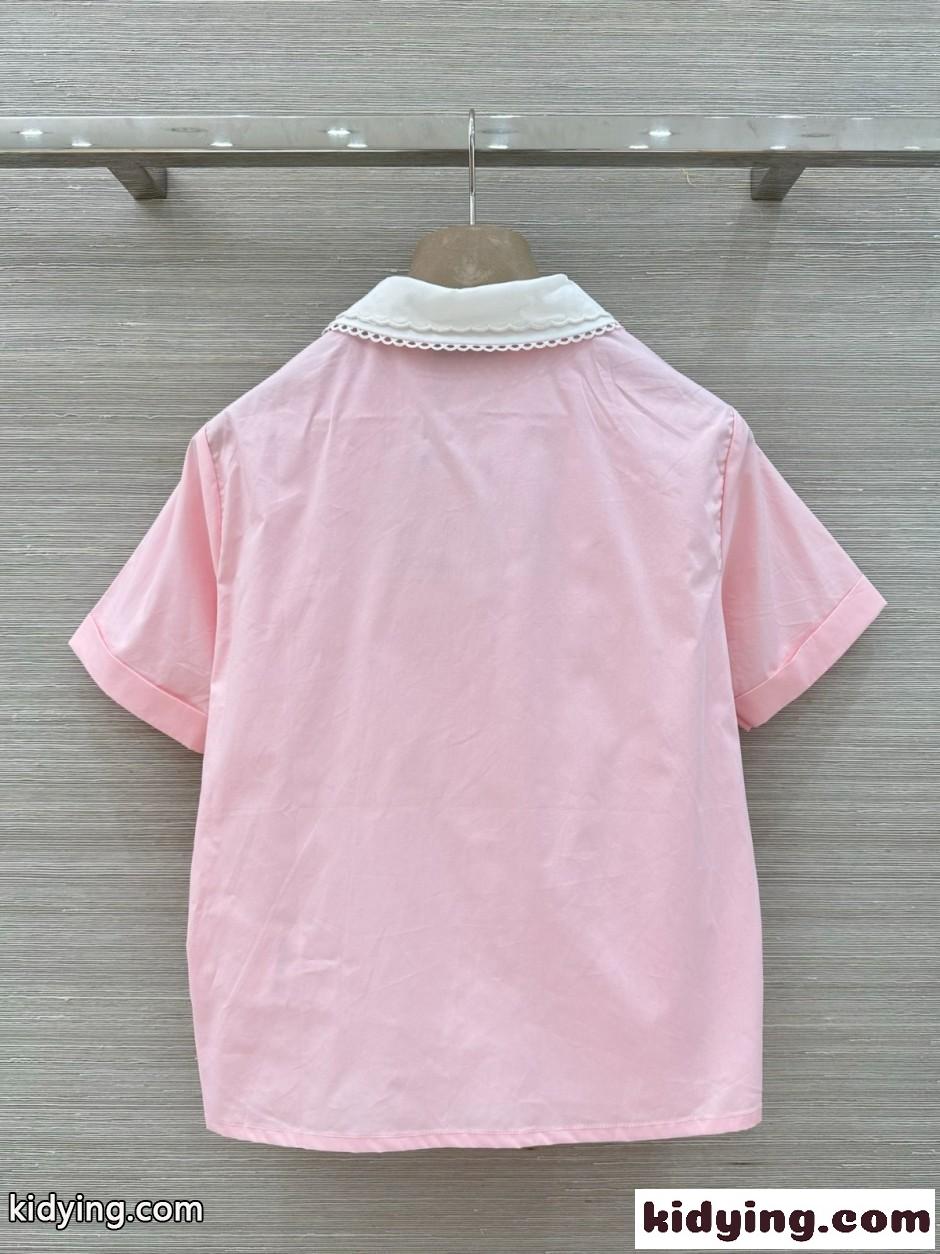 洗練された 可愛い コットンリネン 半袖シャツ ミュウミュウ シャツ コピー ピンク-5