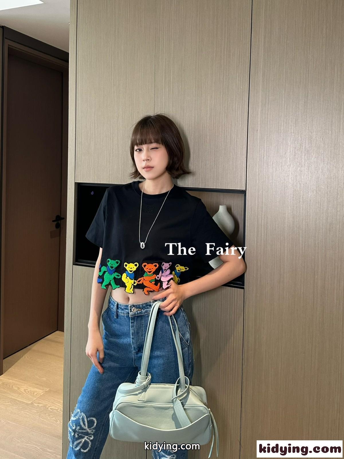 可愛い おしゃれ クロップドTシャツ ロエベ Tシャツ コピー コットン ブラック-4