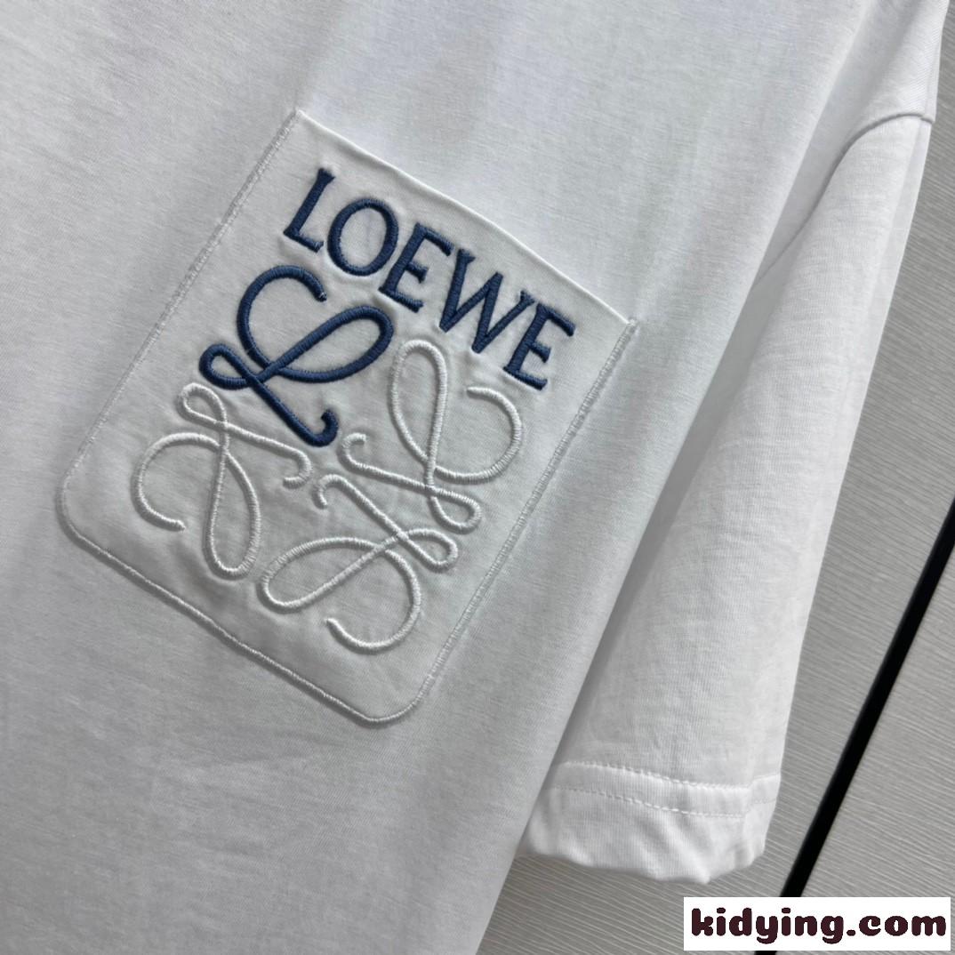 男女兼用 人気 アナグラム 刺繍入り ロエベ Tシャツ コピー コットン 半袖 ホワイト-1
