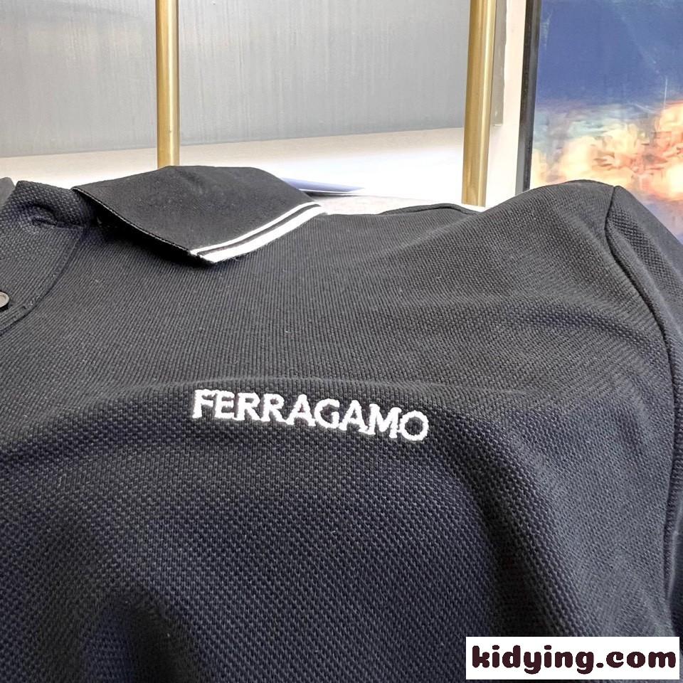 シンプル ロゴ コットンピケ ポロシャツ サルヴァトーレ・フェラガモ 半袖Tシャツ コピー ブラック-1
