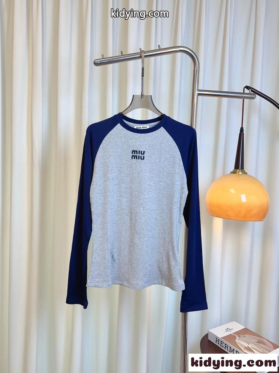 ミュウミュウ Tシャツ 偽物 ロゴ刺繍 ラグラン ロングスリーブTシャツ-0