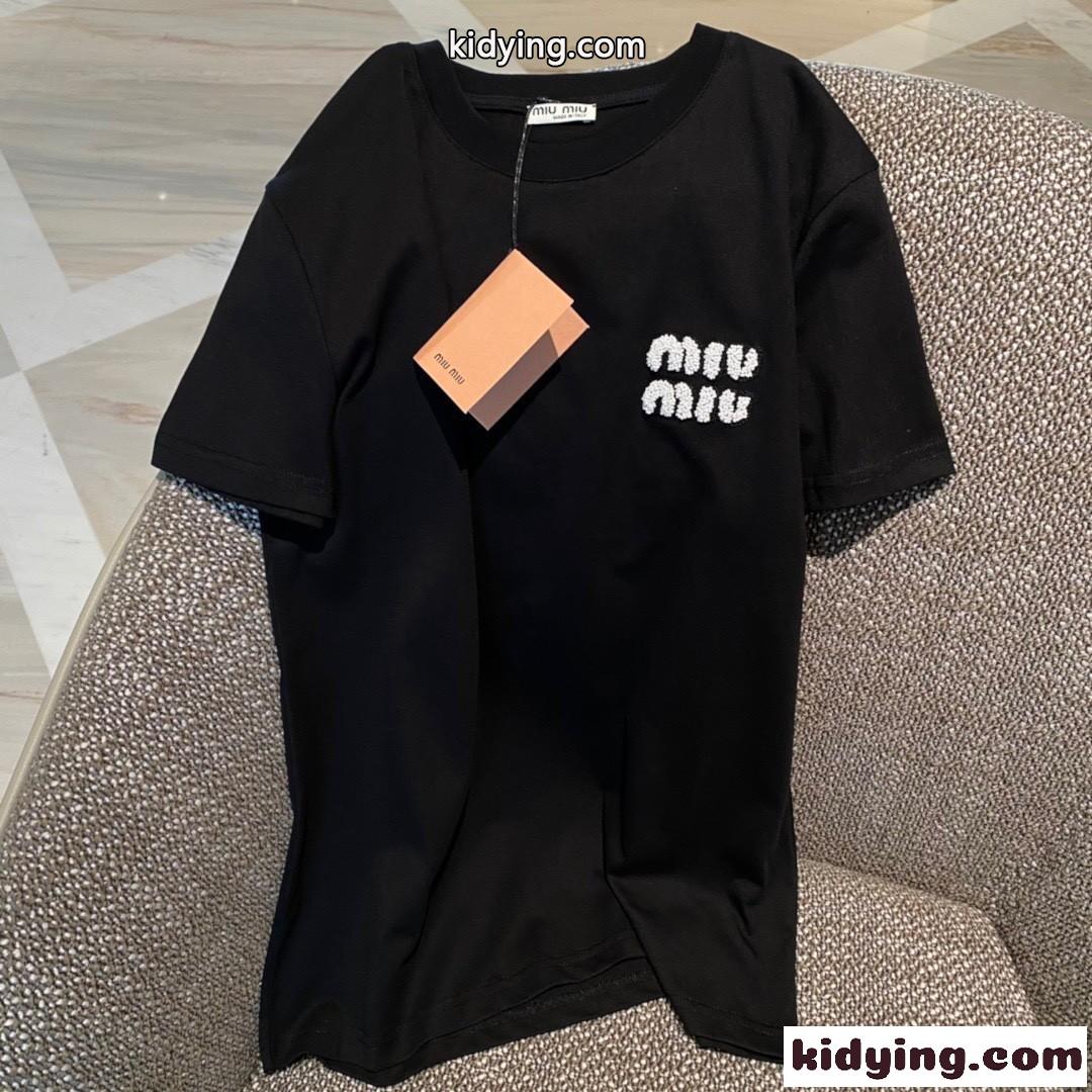 シンプル 定番 ロゴ ゆったり 合わせやすい クルーネック レディース トップス ミュウミュウ 半袖tシャツ コピー 春夏 ホワイト-5