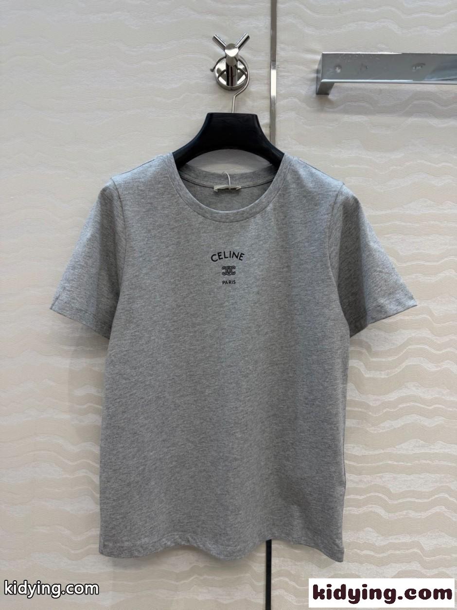 シンプル コットン ロゴ入り 半袖Tシャツ セリーヌ Tシャツ 偽物 グレー-1