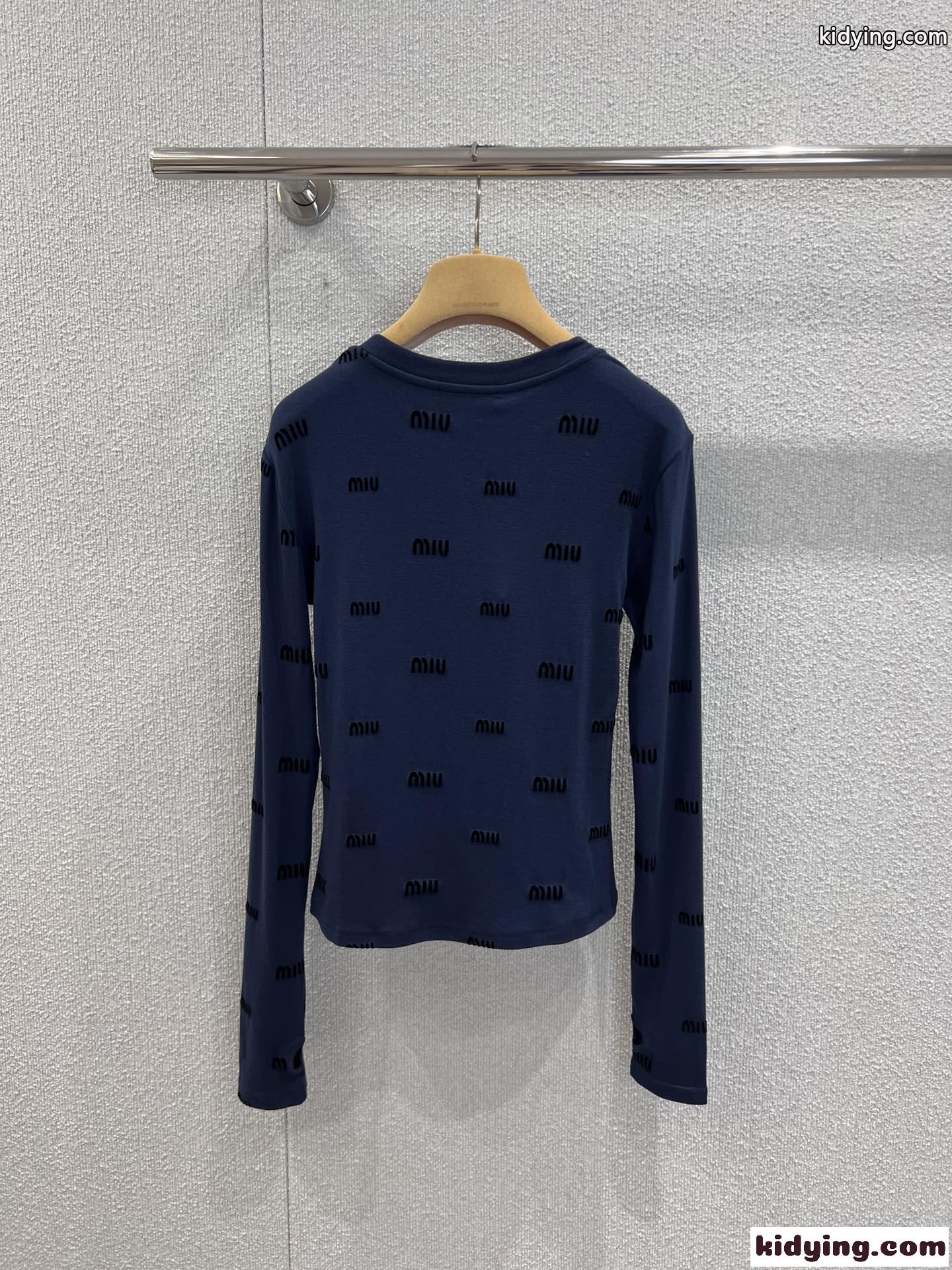 MIU MIU ロゴ総柄 ロングスリーブトップス ミュウミュウ Tシャツ 偽物 ブルー-1