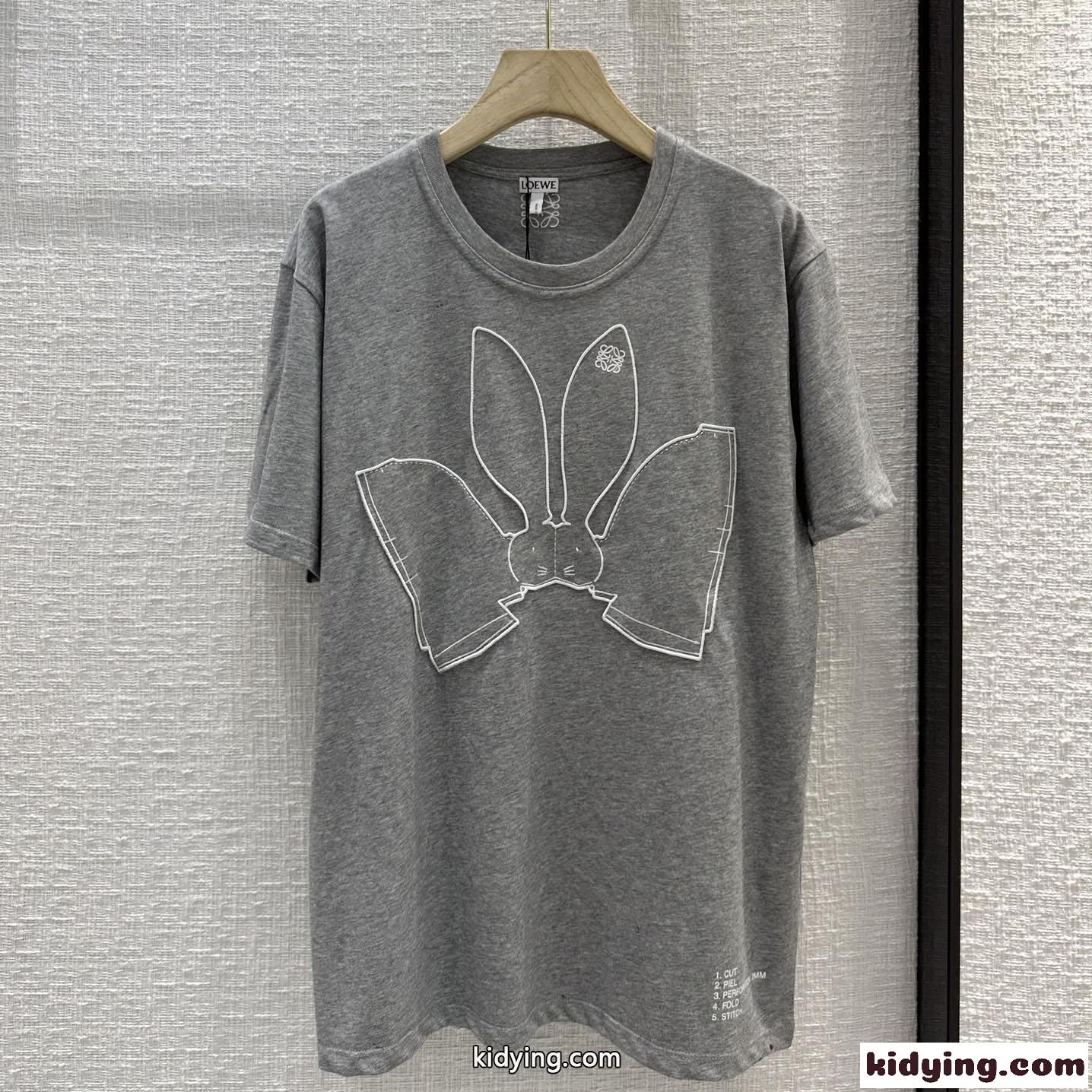 新作~可愛い バニー 半袖Tシャツ コットン ロエベ Tシャツ コピー ユニセックス グレー-0