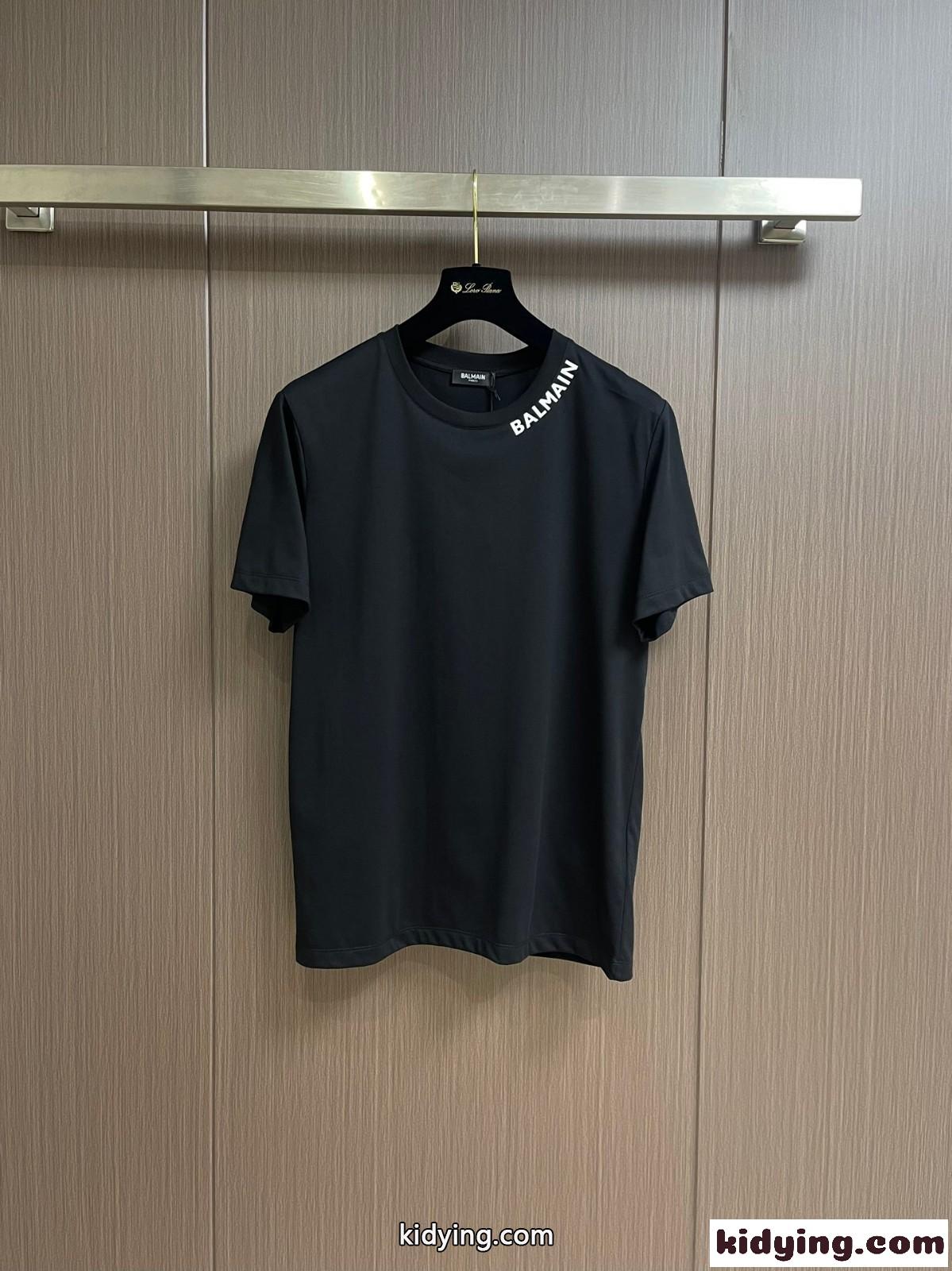 シンプル ロゴ入り クルーネック 半袖Tシャツ バルマン Tシャツ コピー ブラック-1