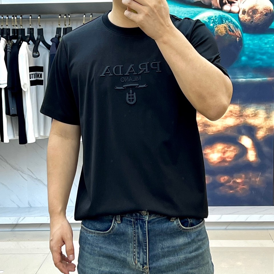 シンプル ロゴ入り コットンジャージー 半袖Tシャツ プラダ Tシャツ コピー ブラック-2