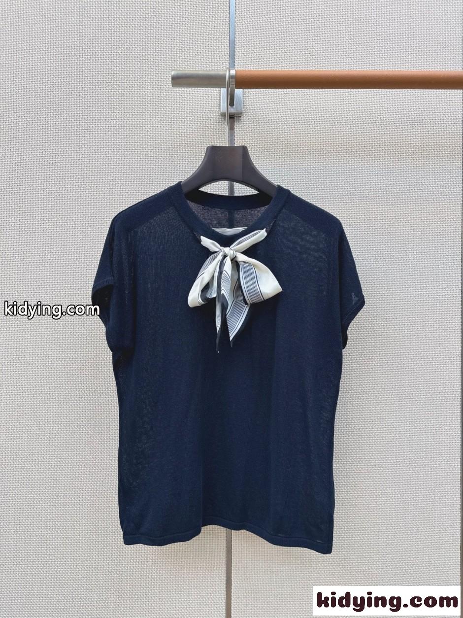 ボウタイ付き ショートスリーブニット クリスチャン・ディオール Tシャツ 偽物 ネイビー-1