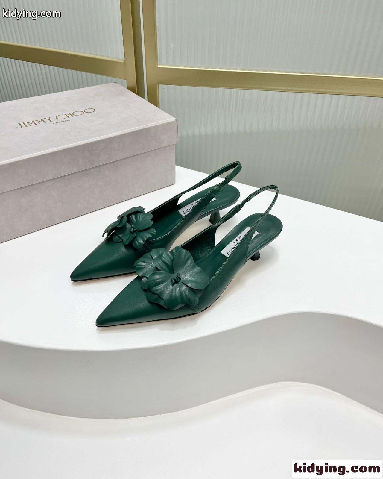 フラワー付き ナッパレザー・スリングバックパンプス ジミーチュウ パンプス コピー グリーン-0