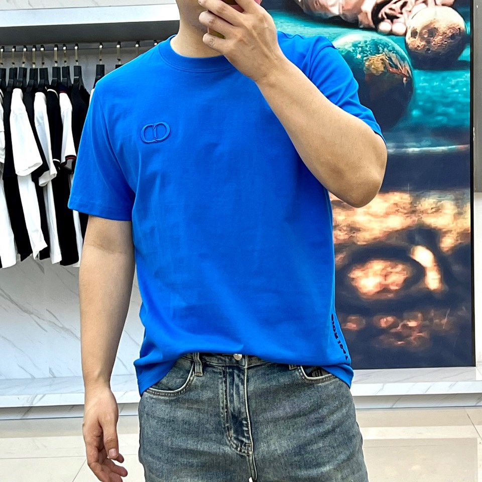 シンプル クルーネック ロゴ入り クリスチャン・ディオール 半袖Tシャツ コピー ブルー-1
