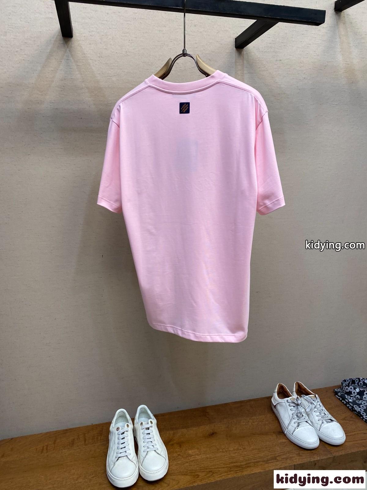 シンプル 刺繍入り コットン 半袖Tシャツ ルイ・ヴィトン Tシャツ コピー ピンク-2