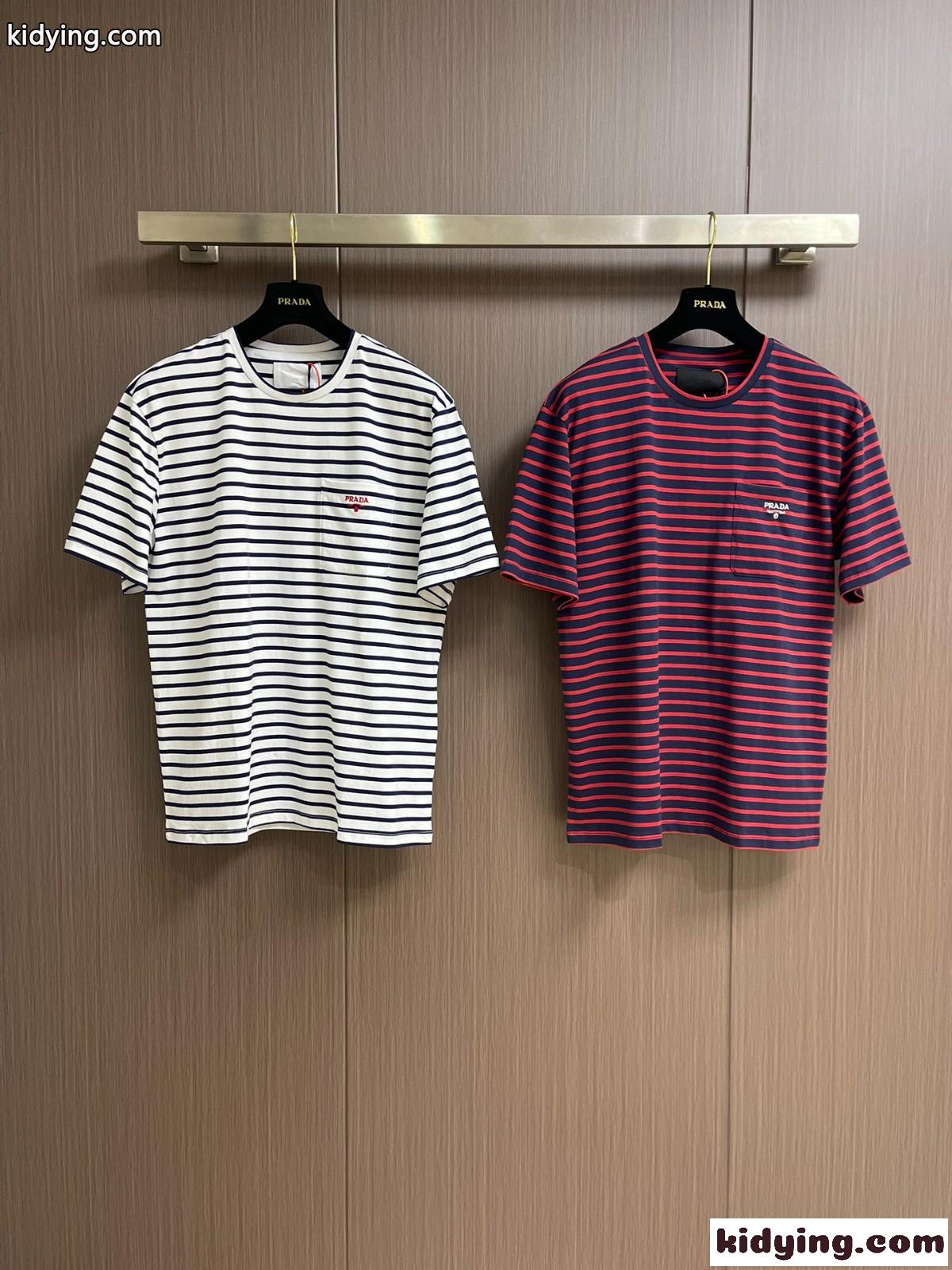 カジュアル 人気 プラダ ストライプ コットン Tシャツ コピー クルーネック-0