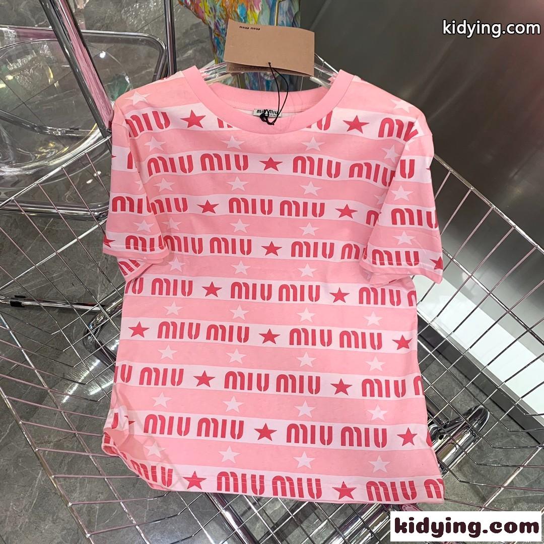 可愛い ロゴプリント ラウンドネック おしゃれ プルオーバー ミュウミュウ 半袖tシャツ コピー ピンク バイカラー-0