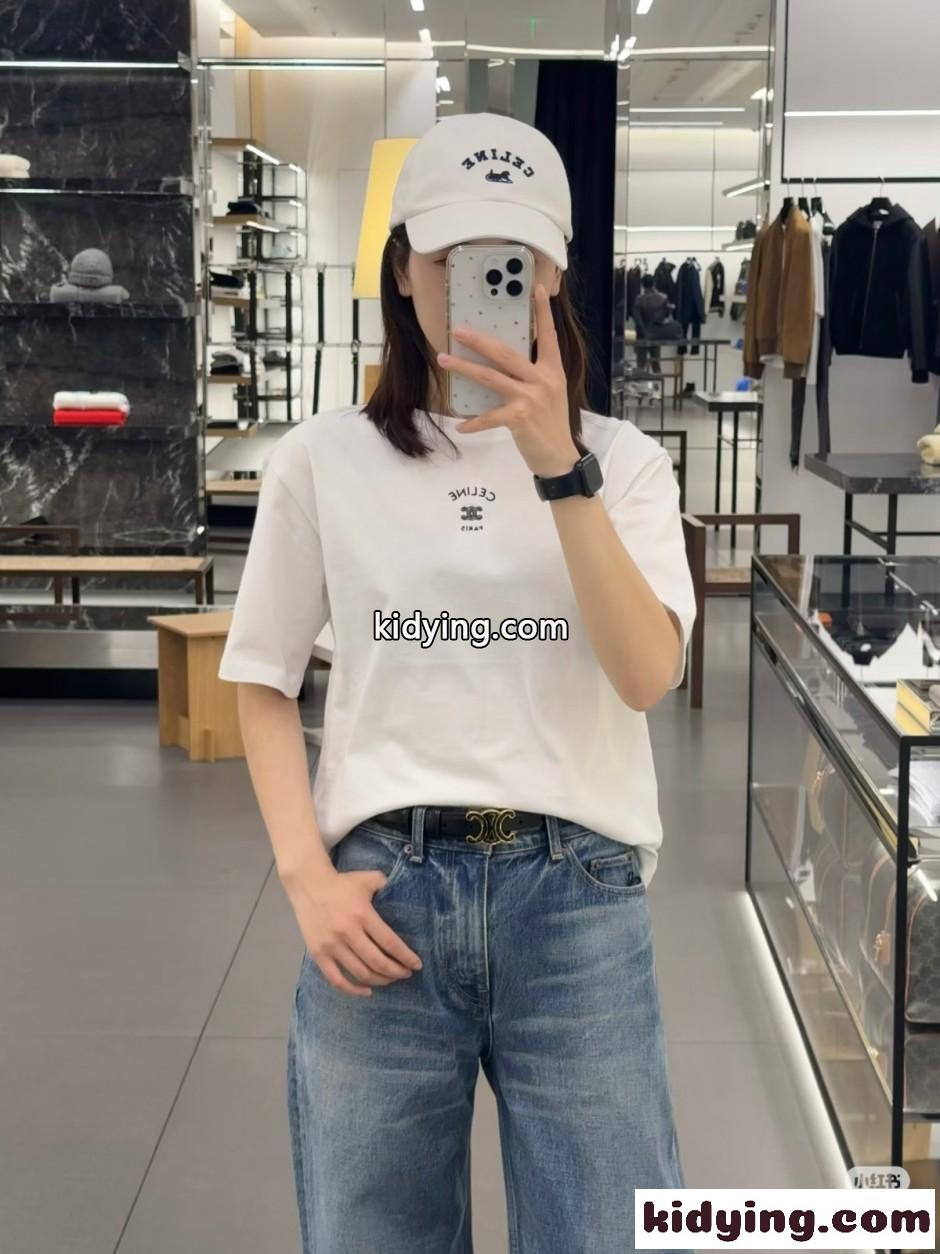 シンプル コットン ロゴ入り 半袖Tシャツ セリーヌ Tシャツ 偽物 ホワイト-5