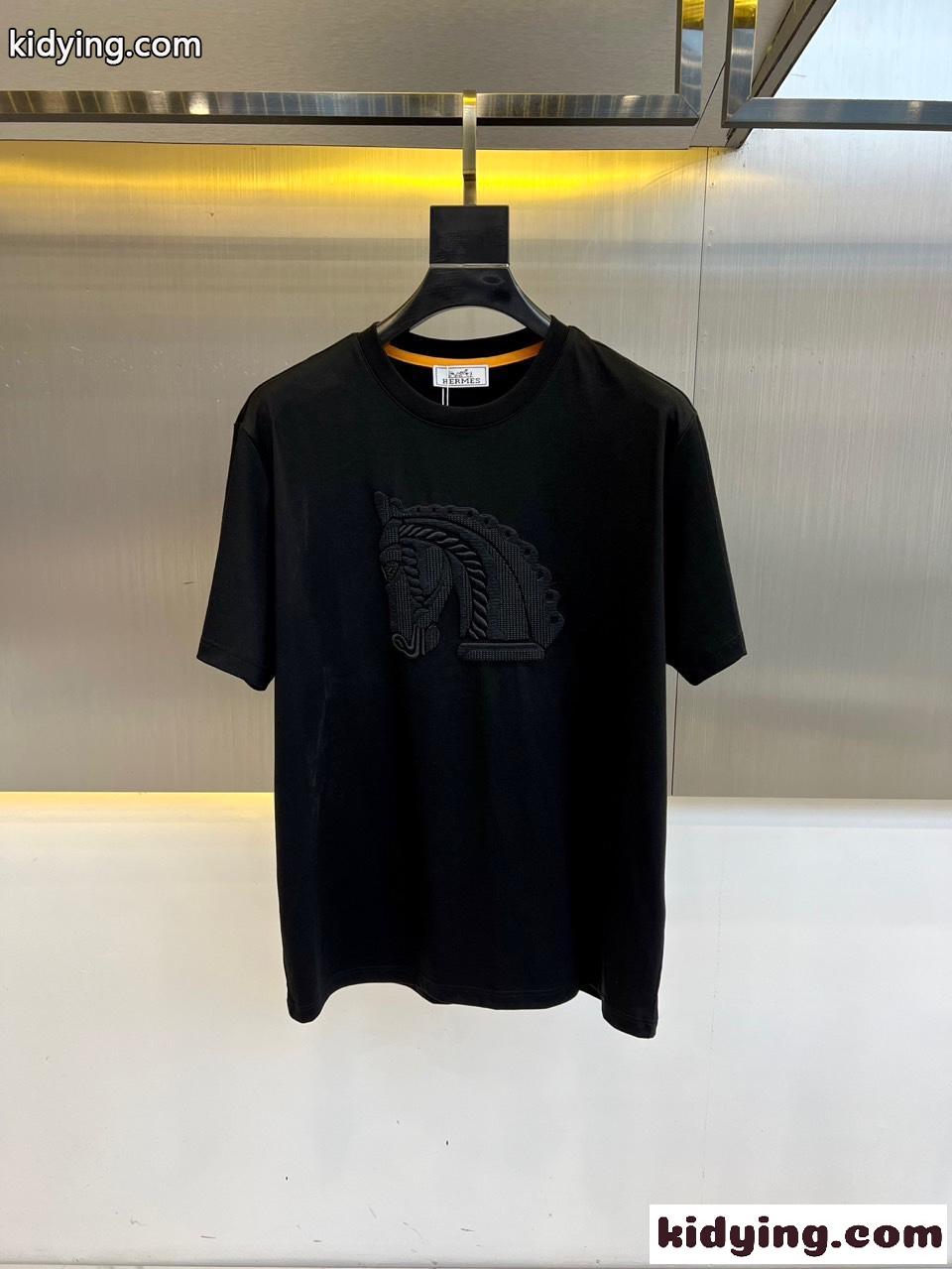 シンプル 上品 コットン クルーネック エルメス Tシャツ 偽物 半袖トップス ブラック-0