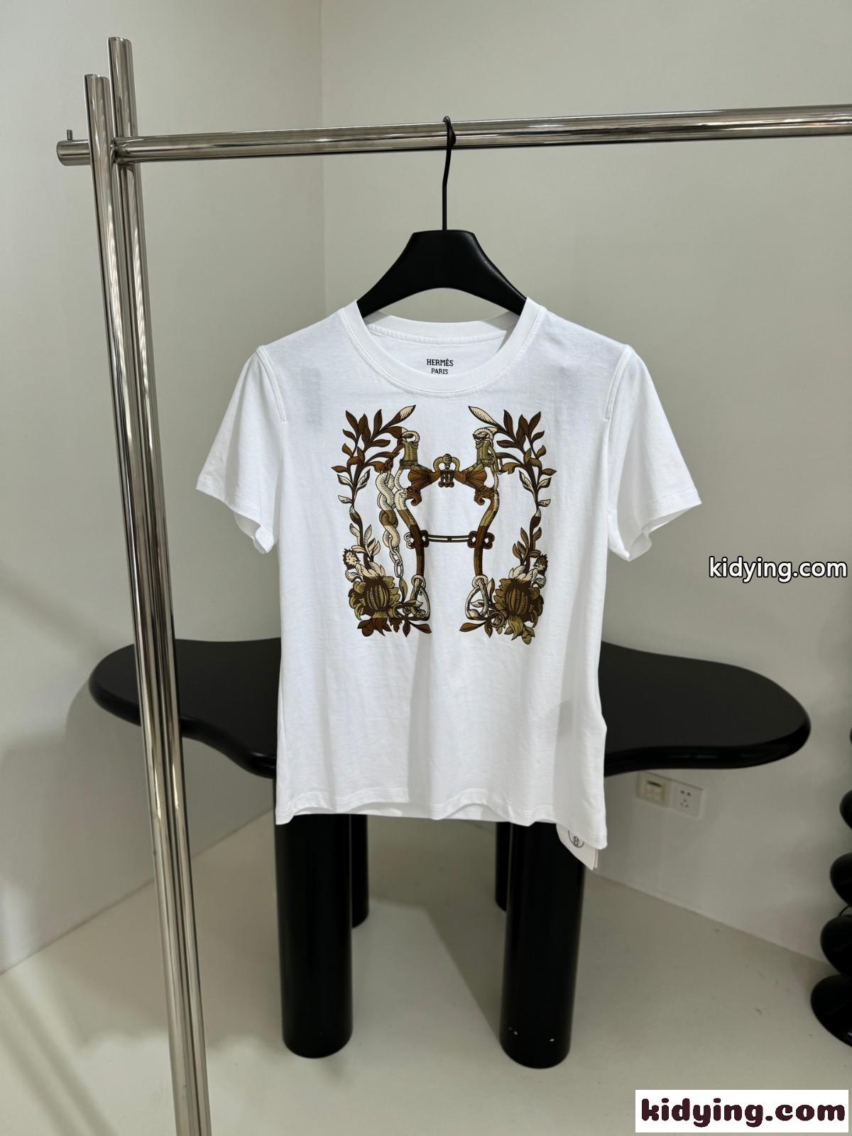 カジュアル コットン プリント クルーネック 半袖Tシャツ エルメス Tシャツ コピー レディース-1