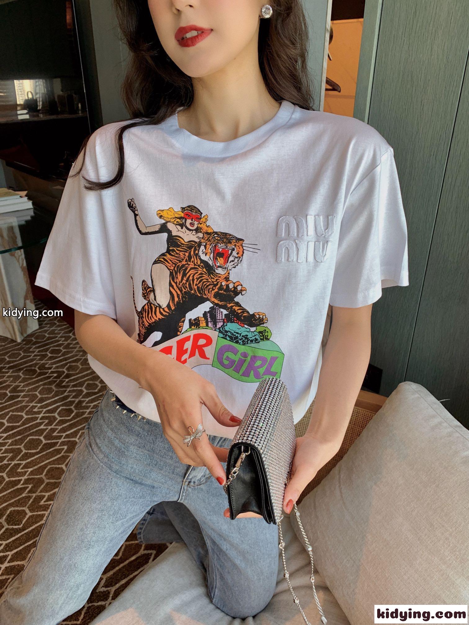 レディース ファッション プリント クールネックミュウミュウ 半袖tシャツ コピー 定番 人気 トップス ホワイト-2