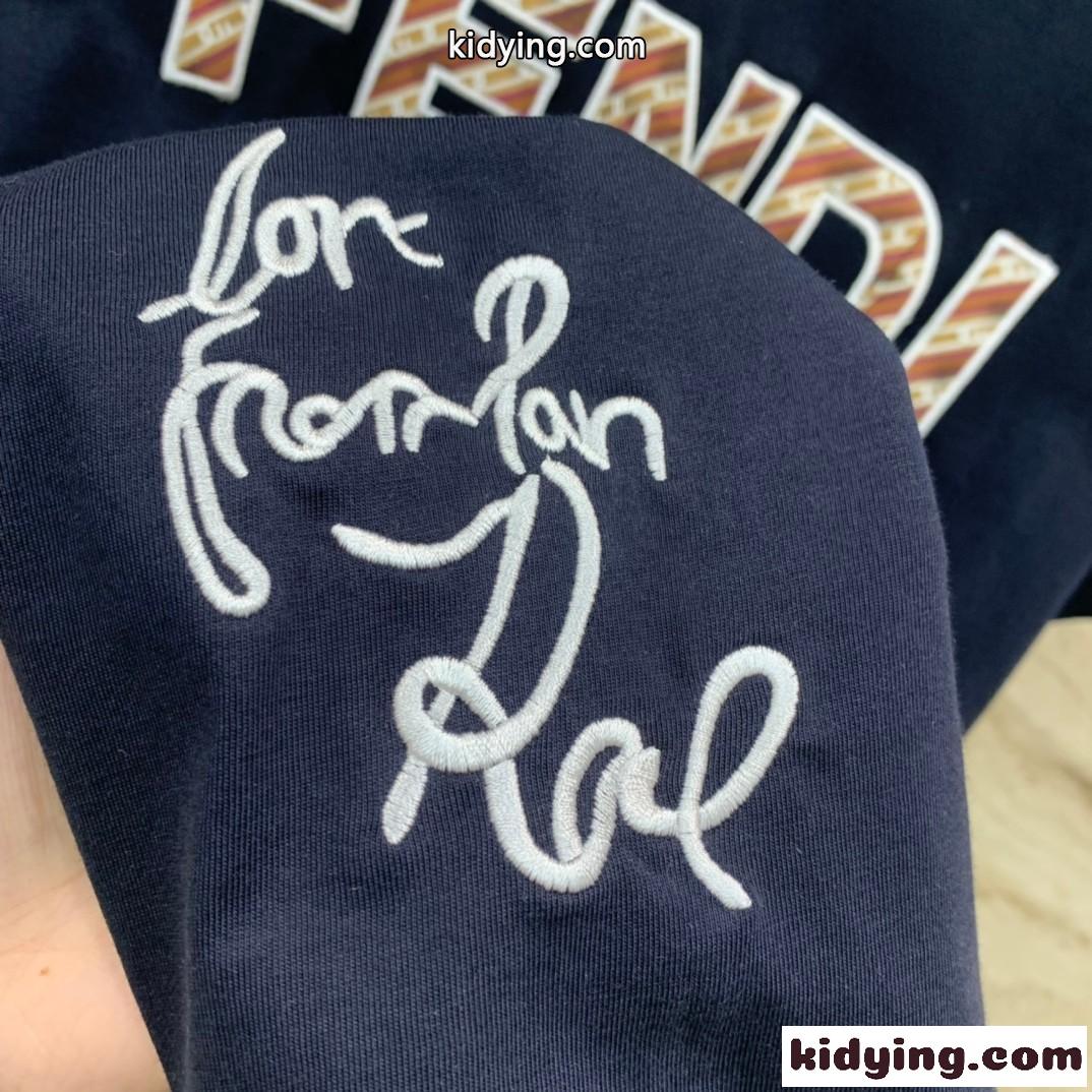 フェンディ Tシャツ コピー ロゴ 刺繍入り クルーネック 半袖Tシャツ ネイビー-3