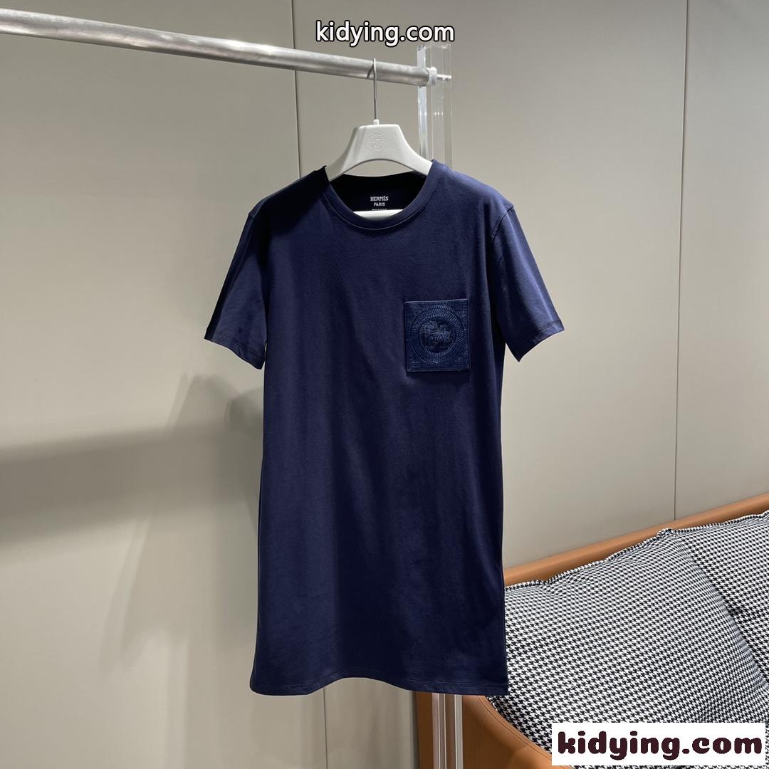 2023春夏 ストレートドレス 刺繍入りポケット エルメス ワンピース コピー 半袖Tシャツワンピース-2