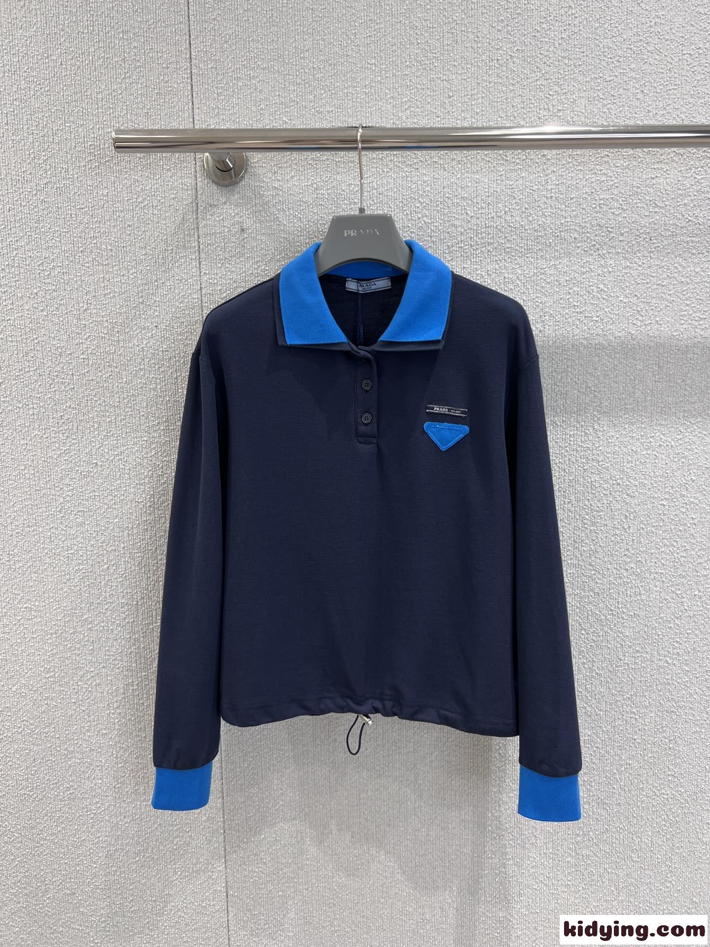 上品 カジュアル 配色 プラダ Tシャツ 偽物 長袖ポロシャツ ネイビー-2