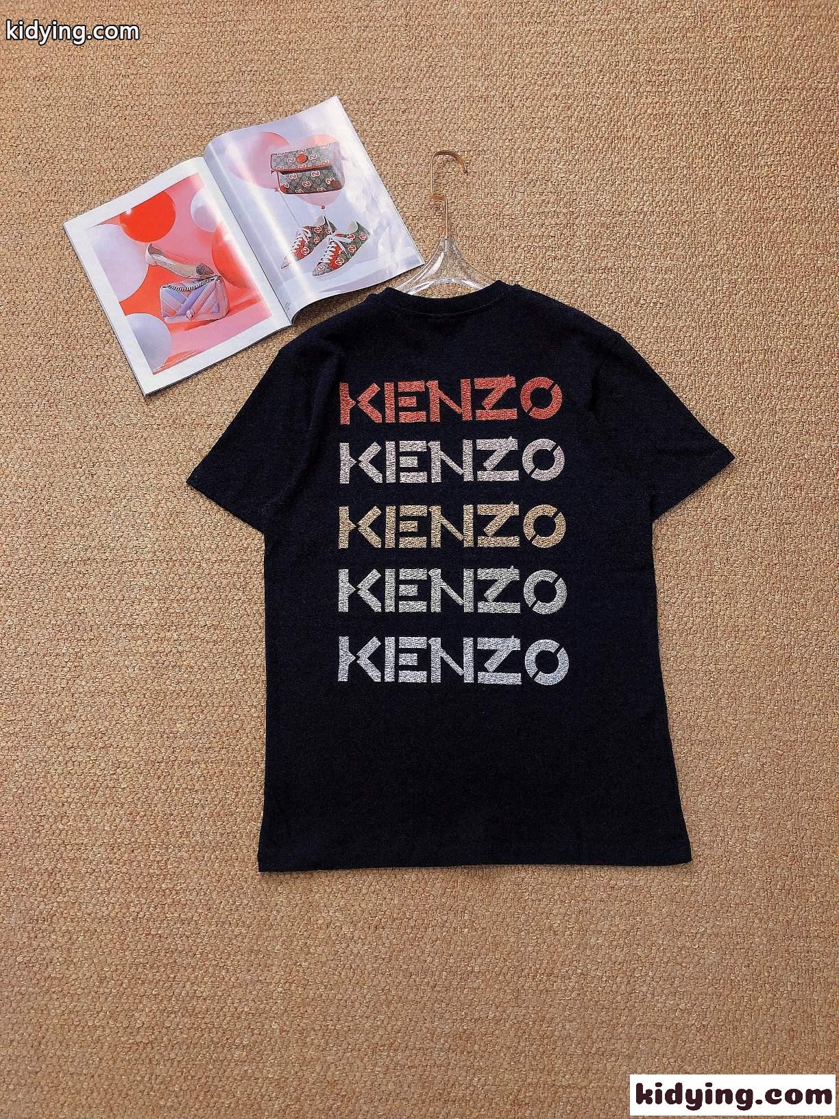 グラデーション ロゴ 刺繍 オシャレ クールネック コットン 着心地いい ケンゾー tシャツ レディース コピー ホワイト ブラック-5