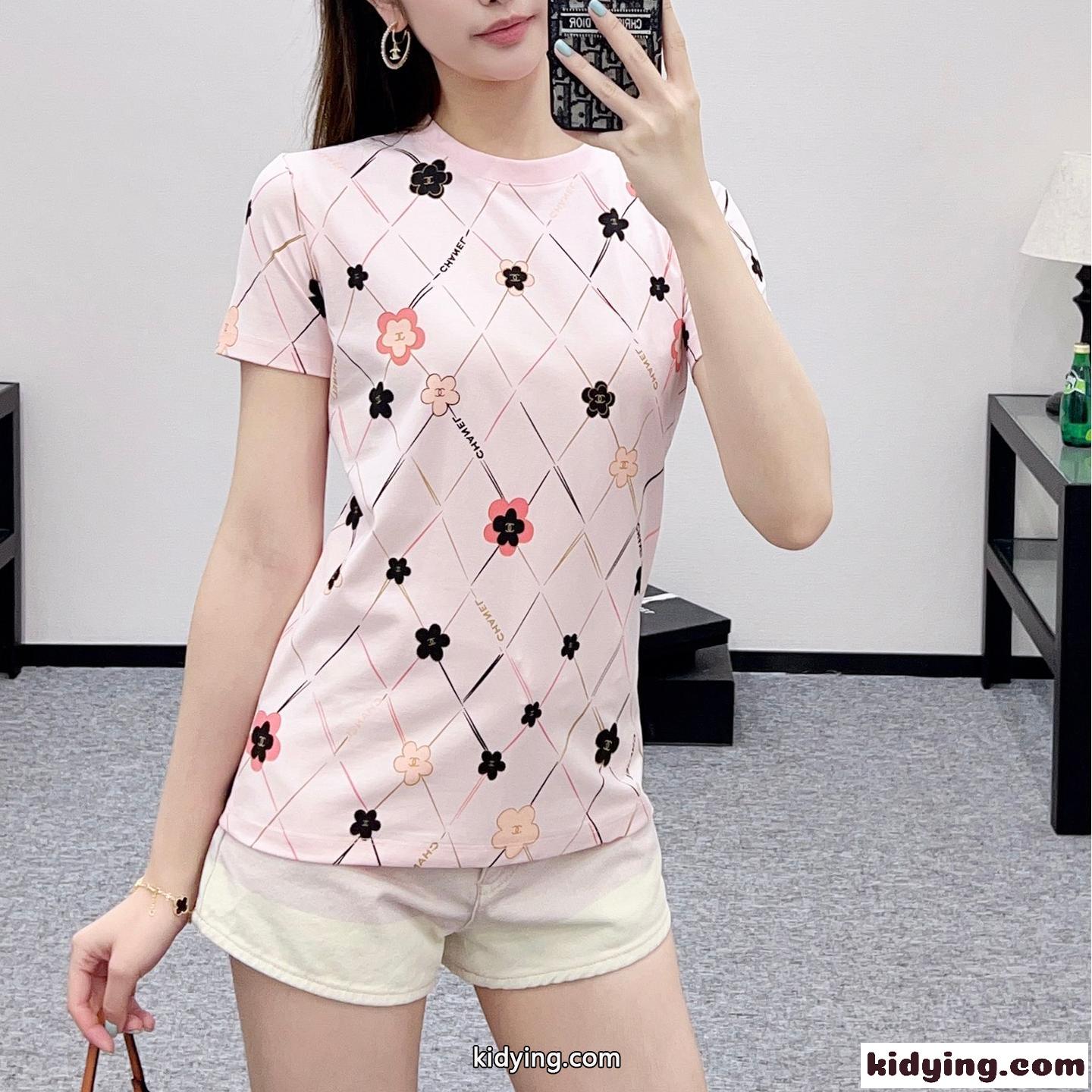 シャネル Tシャツ コピー カジュアル プリント 総柄 半袖Tシャツ コットン ピンク-0