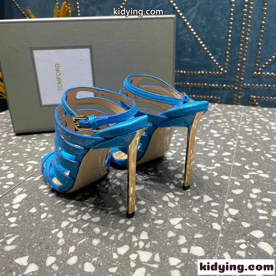 洗練された クロコエンボス レザー トムフォード サンダル コピー 10cm ハイヒールブルー-3