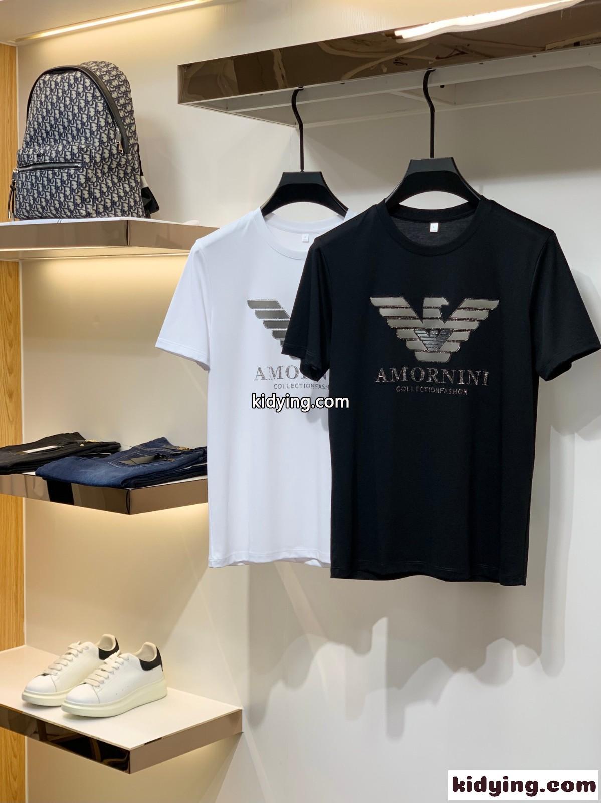 シルケット加工 柔らかい 快適 春夏 クルーネック アルマーニ tシャツ コピー 半袖 メンズ ロゴ トップス ホワイト ブラック-0