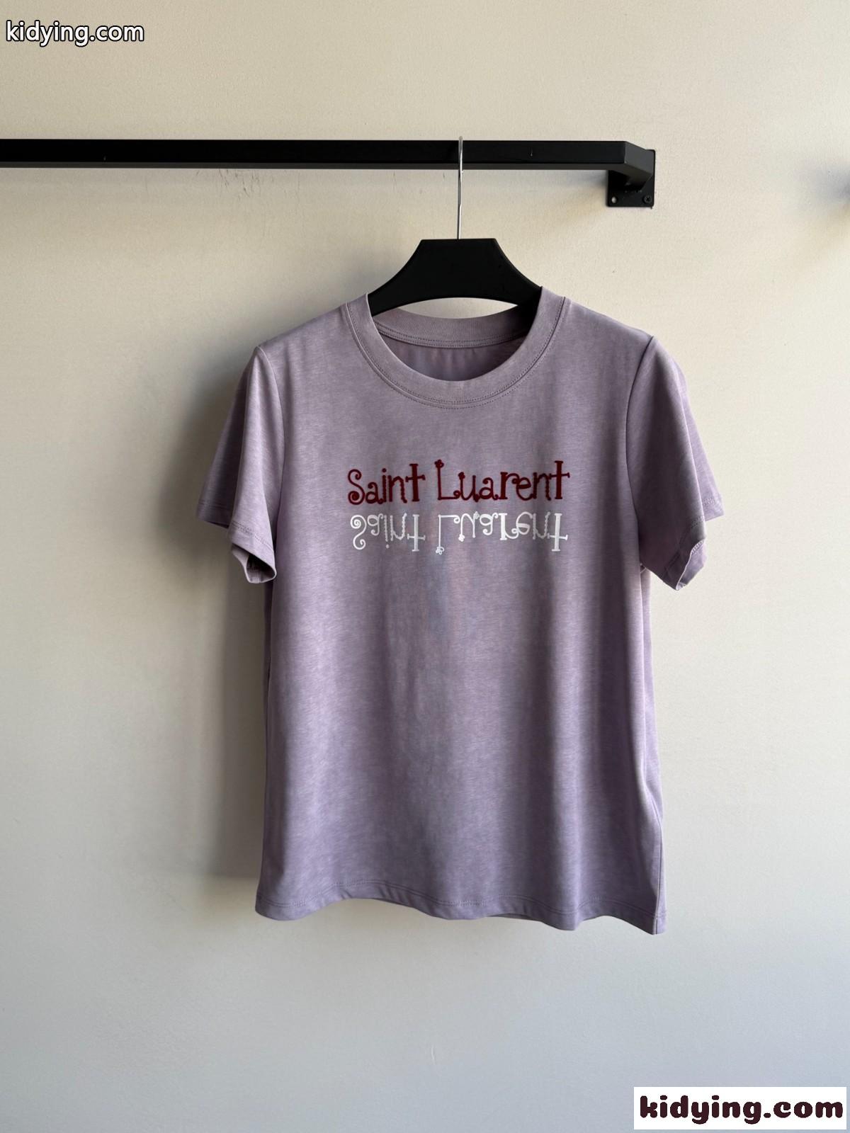 シンプル ロゴ クルーネック 半袖Tシャツ イヴ・サンローラン Tシャツ コピー パープル-0