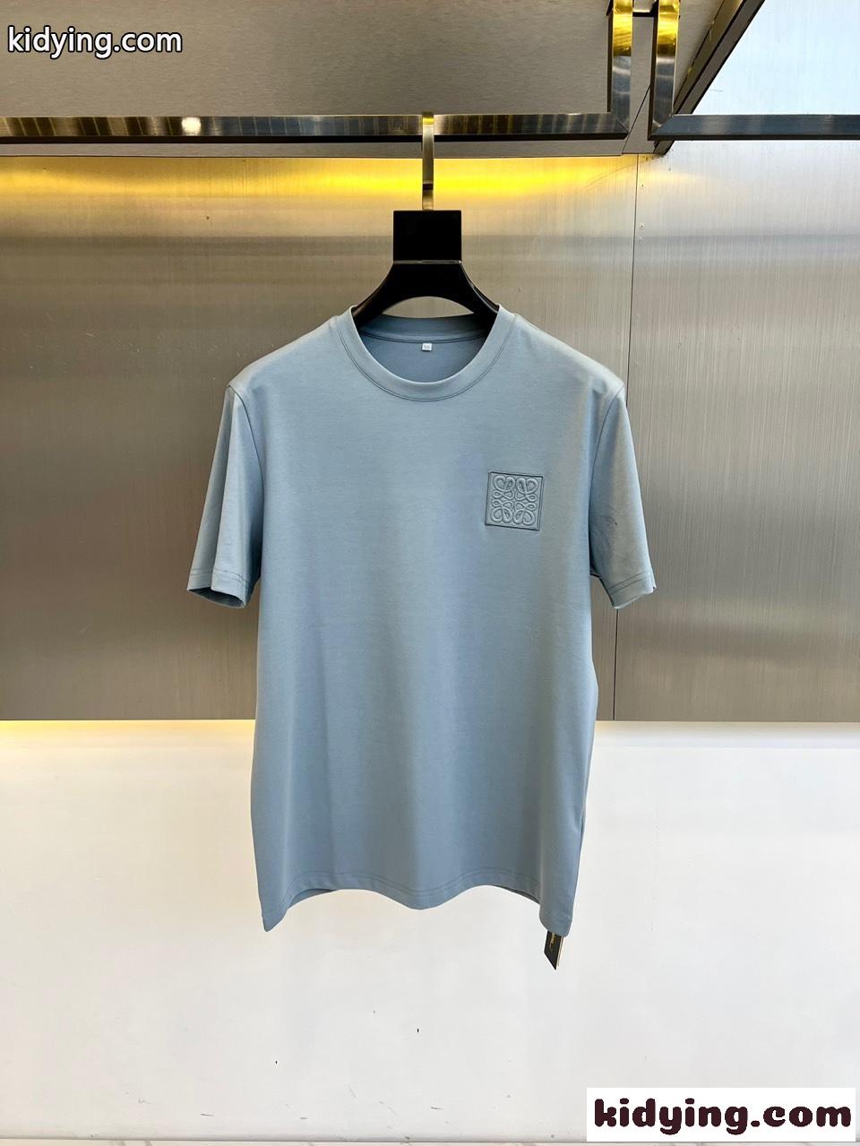 ロエベ Tシャツ 偽物 シンプル クルーネック 半袖Tシャツ ロゴ入り ブルー-0