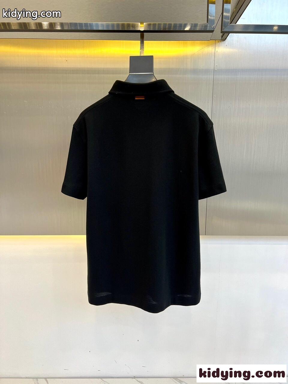 シンプル コットンピケ 半袖 ポロシャツ エルメネジルド・ゼニア Tシャツ コピー ブラック-4