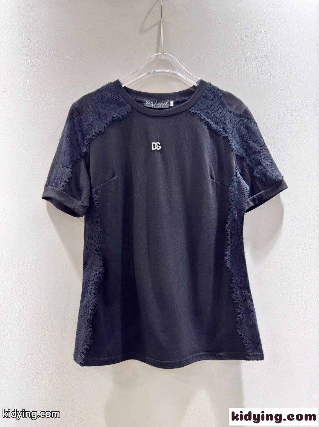 レースインサート&DGロゴ コットンTシャツ ドルチェ&ガッバーナ 半袖Tシャツ 偽物 ブラック-1
