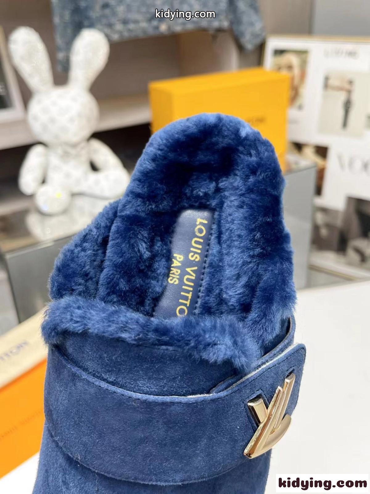秋冬 ふわふわ LV コージー ミュール サンダル ルイヴィトン サンダル コピー ブルー-2