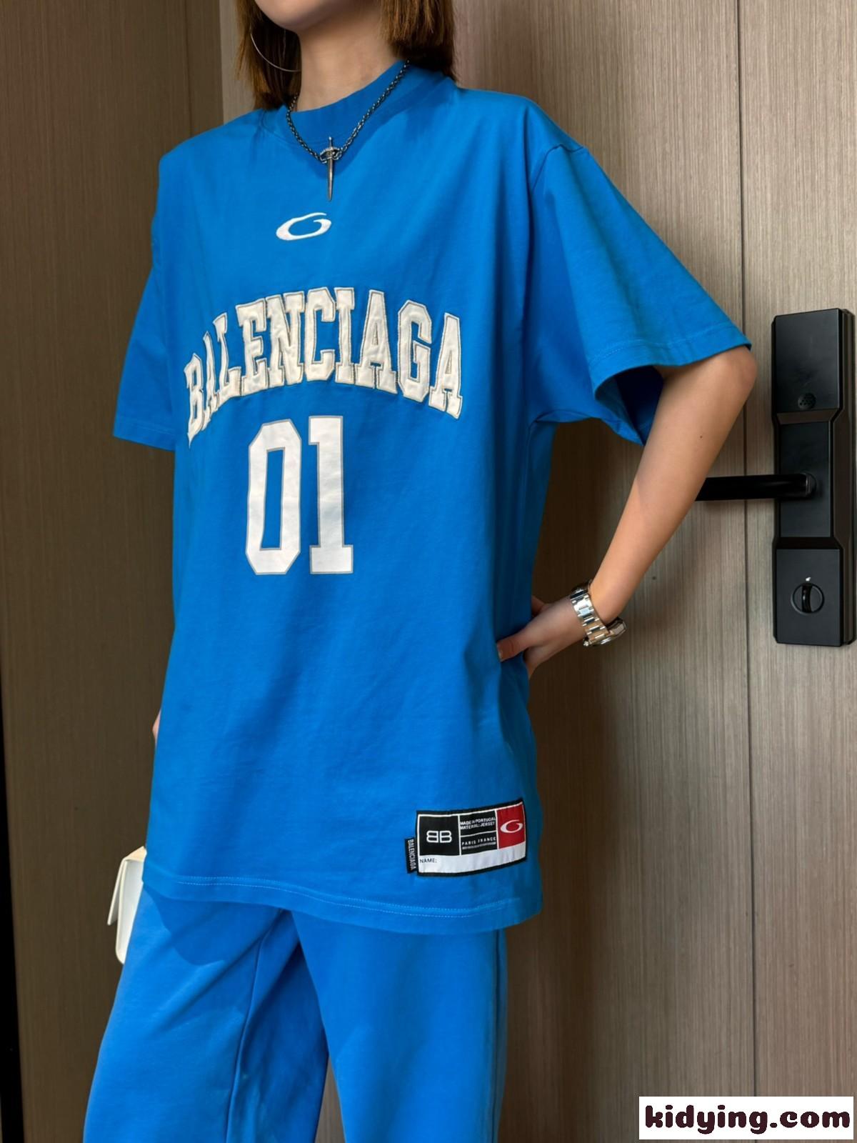 ユニセックス 刺繍入り オーバーサイズ 半袖Tシャツ バレンシアガ Tシャツ コピー ブルー-2