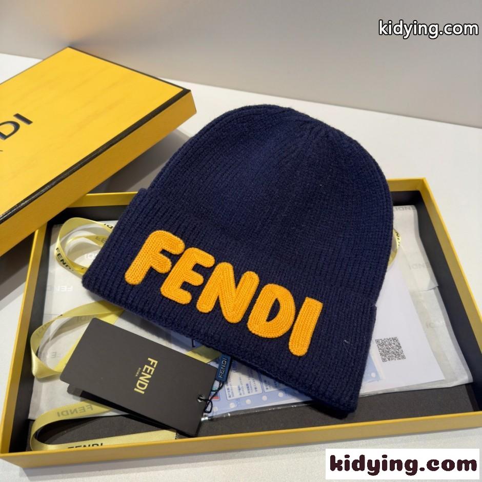 ユニセックス フェンディ キャップ コピー FENDI ロゴ ニットキャップ ブルー-4