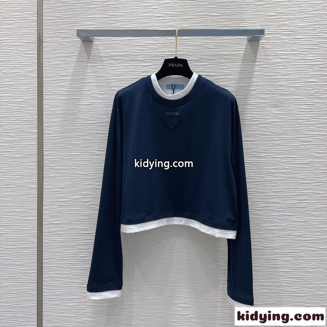 カジュアル おしゃれ 長袖Tシャツ プラダ Tシャツ コピー ネイビー-1